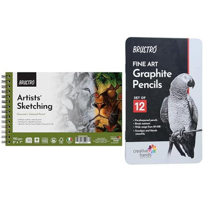 Brustro Sketching Wiro Pad,5x7 inches,160 GSM,30 Sheets with Graphite Pencil Set of 12 (10B–2H) Tin Box. Sketch and Drawing Gift - style: Graphite Pencil + 5x7 Sketchbook