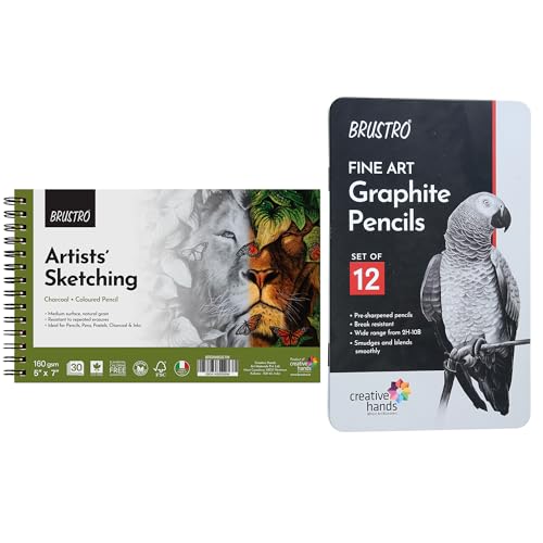 Brustro Sketching Wiro Pad,5x7 inches,160 GSM,30 Sheets with Graphite Pencil Set of 12 (10B–2H) Tin Box. Sketch and Drawing Gift - style: Graphite Pencil + 5x7 Sketchbook