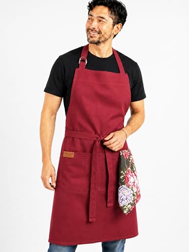 100% Cotton Kitchen Apron with 2 Pockets – Adjustable Chef Apron for Cooking Baking BBQ – Unisex Apron - color: Red, size: Standard