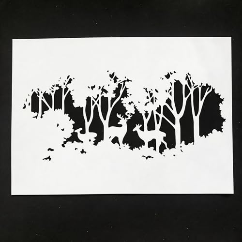 TIAMECH A4 Reusable Rustic Winter Forest Reindeer Stencil for Painting | Tree Deer Layering Template, DIY Wall Art, Wood Furniture, Scrapbook & Crafts (8.3x11.7inch) - style: Reusable Rustic Winter Forest