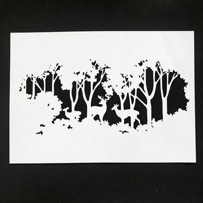 TIAMECH A4 Reusable Rustic Winter Forest Reindeer Stencil for Painting | Tree Deer Layering Template, DIY Wall Art, Wood Furniture, Scrapbook & Crafts (8.3x11.7inch) - style: Reusable Rustic Winter Forest