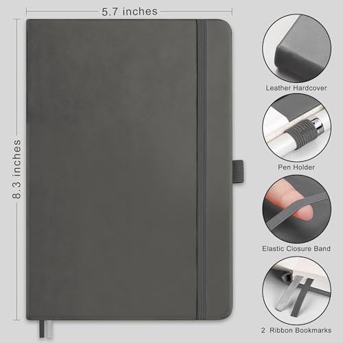AHGXG Dotted Journal Notebook, 160 Numbered Pages, A5 Medium Size (5.7'' x 8.3''), 120 GSM Thick Paper, Leather Hardcover, for Journaling, Planning, Tracking (Gray) - color: Gray, style: Dotted