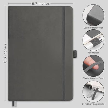 AHGXG Dotted Journal Notebook, 160 Numbered Pages, A5 Medium Size (5.7'' x 8.3''), 120 GSM Thick Paper, Leather Hardcover, for Journaling, Planning, Tracking (Gray) - color: Gray, style: Dotted
