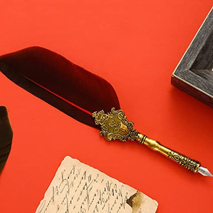 Joyeee Real Feather Quill Pen and Ink Set, Include Sealing Wax Stamp Kit for Wedding, Wooden Calligraphy Dip Pens, 17 Replacement Nibs, Wax Seal Stick for Stamp Seals, Dark Yellow - color: #111 Dark yellow