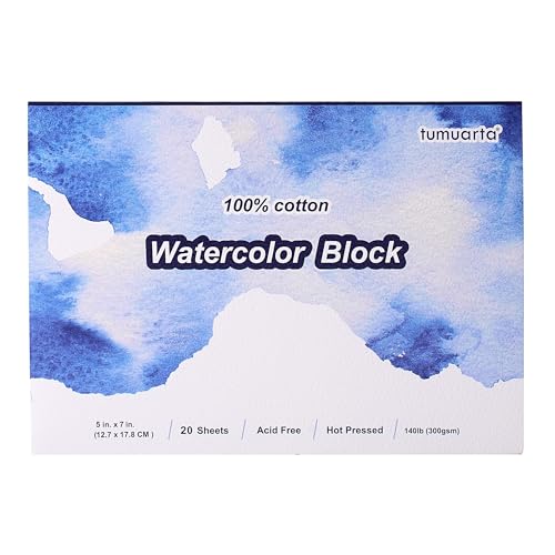 tumuarta Watercolor Paper Block 100% Cotton,140 LB, 300 GSM, 20 Sheets, 5"x7", Hot Press, Acid Free, Watercolor Pad Mixed Media Sketchbooks for Watercolors, Acrylic, Gouache, or Printmaking - size: 5"x7" HP