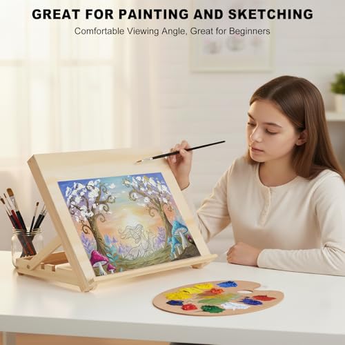 13.8"x11.4" Wooden Tabletop Easel with Paint & Sketch Papers, Masking Tape | Adjustable Art Easel Stand with 3 Angle Settings, Drawing Board for Canvas Painting, Sketching and Book, Tablet Display