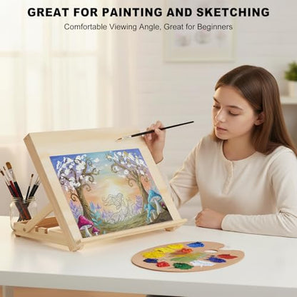 13.8"x11.4" Wooden Tabletop Easel with Paint & Sketch Papers, Masking Tape | Adjustable Art Easel Stand with 3 Angle Settings, Drawing Board for Canvas Painting, Sketching and Book, Tablet Display