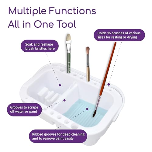 Paint Brush Organizer Kit - Portable Cleaner & Holder with Lid, 18-Well Palette, Multi-Use Rinse Cup for Acrylic, Watercolor, Water-Based Paints - White Plastic Utility Tray