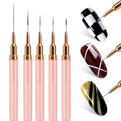MUIIGOOD Nail Art Liner Brushes, 5Pcs Liner Brush For Nails, Painting Nail Art Brush Set Dotting Drawing Tool for Long Lines, Thin Details, UV Gel Polish Painting, Fine Drawing 7/9/11/15/25mm(Pink) - color: Pink