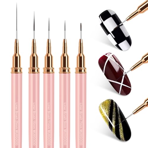MUIIGOOD Nail Art Liner Brushes, 5Pcs Liner Brush For Nails, Painting Nail Art Brush Set Dotting Drawing Tool for Long Lines, Thin Details, UV Gel Polish Painting, Fine Drawing 7/9/11/15/25mm(Pink) - color: Pink