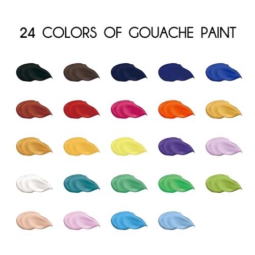 HIMI Gouache Paint Set 24 Vibrant Colors Non Toxic Paints Jelly Cup Design with Palette Paint Brushes Portable for Artist Canvas Painting Watercolor Papers, Rich Pigment, 30ml/Cup