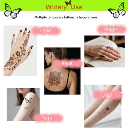 Temporary Tattoo Stencils Kit-Reusable 12 Large Sheets, 78 Unique Designs-6 Tattoo Cones 3 Colors (Brown/Black/Maroon) with Brush & Wipes for Adults, Teens, Beginners,Family Fun Party - color: A-6Pcs