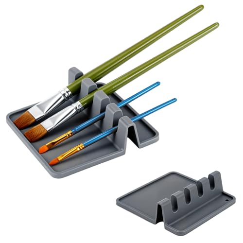 AHANDMAKER 2 Packs Silicone Paint Brush Holders, Gray Rectangular Organizer with 4 Slots for Drawing Artists Thick Paint Brush Drying Rest for Watercolor Oil Painting Accessories