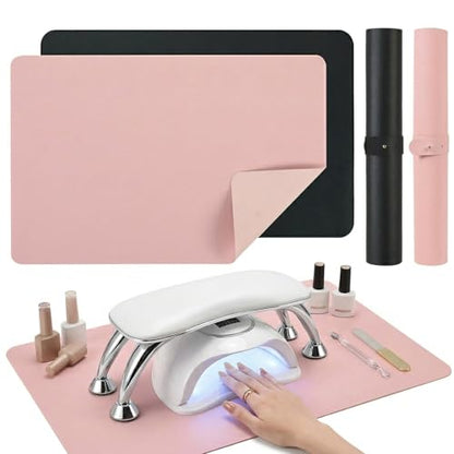 2 PCS Nail Art Table Mat, Soft Microfiber PU Leather Nail Pad, Foldable Nail Art Rest Pad, Reusable Nail Mat for Table Desk, Acrylic Nail Desk Mat for Nail Cushion(Pink+Black) - color: Black and Pink