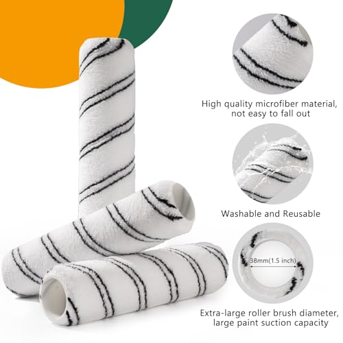 Paint Roller, Microfiber Paint Roller Covers 9 Inch (3/8” Nap), 12 Pack, Large Paint Rollers for Painting Walls, Covers for Paint Roller Kit - color: 9 inch paint roller 12 pack