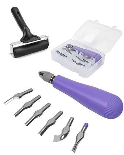 UCEC Linocut Carving Tools Linoleum Cutter Assortment for Block Printing Lino Cutting Tools for DIY Rubber Stamp Carving Kit & Beginners 6 Blades Universal Size Purple With A Brayer Roller(4 Inch) - color: 2pcs(linoleum Knife+4 Inch Brayer Roller)