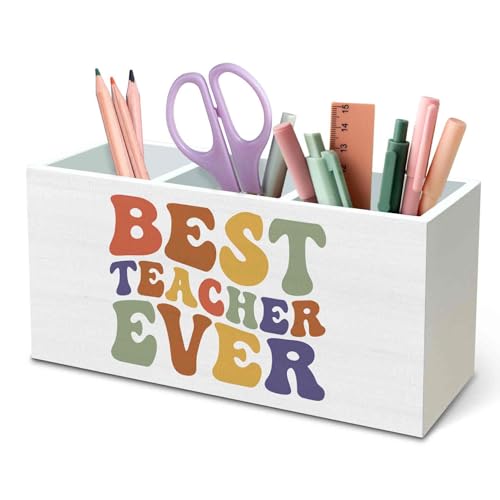 DILSJ Best Teacher Ever Para Appreciation Gifts Pen Pencil Holder Organizer Accessories Decor Decorations for Desk, Teachers Day Gifts Wooden Box Signs for Women Desk Office & School Supplies - color: Best ever