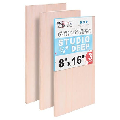 U.S. Art Supply 08" x 16" Unfinished Cradled Wood Panels for Painting, Studio 3/4" Deep (3 Pack) - Artist Depth Birch Wooden Wall Canvases - Mixed-Media Craft, Acrylic, Oil, Encaustic, Paint Pouring - size: 8" x 16"