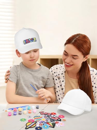 Aneco DIY Blank Trucker Hats Kit Adjustable Baseball Caps | Embroidered Patches, Paint Tools Included, Craft Kit, Sports Events, Group Activity, Party Favor - color: White