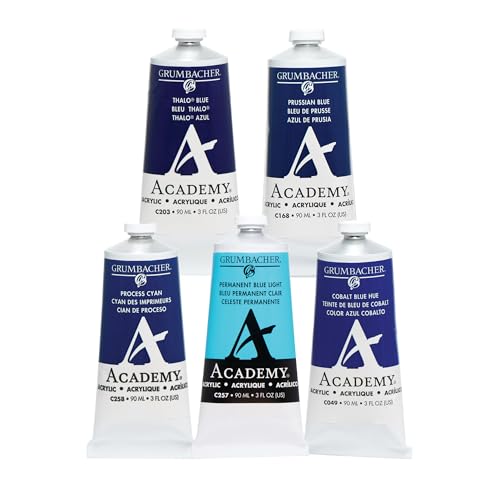 Grumbacher Academy Professional Acrylic Paint Set of 5 90ml Blue Colors - Metal Tubes - Heavy Body Professional Grade Artist Paint with Genuine and Pure Pigments - ASTM Lightfast Colors