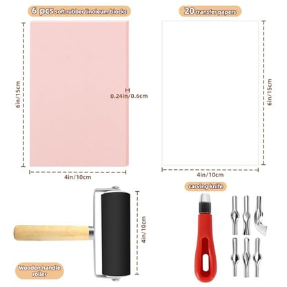 Oopsu Linocut Printmaking Kit - 6 PCS 4"x6" Soft Rubber Linoleum Blocks, Brayer & Carving Tools | Block Printing & Stamp Making Supplies for Beginners, Hobbyists & Artists