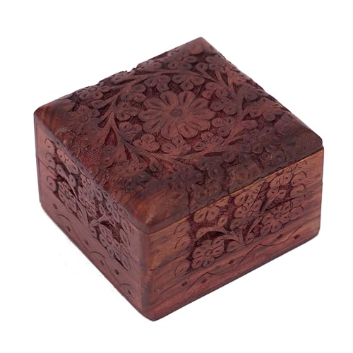 GURU JEE Wooden Hand Carved Keepsake Box Jewellery Armoire Chest Organiser Perfect Unique Gifts Ideas For Women - color: FLWD_4X4