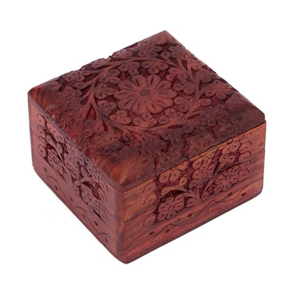 GURU JEE Wooden Hand Carved Keepsake Box Jewellery Armoire Chest Organiser Perfect Unique Gifts Ideas For Women - color: FLWD_4X4