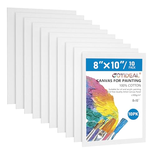 GOTIDEAL Canvas Boards, 8x10 inch Set of 10,Gesso Primed White Blank Canvases for Painting - 100% Cotton Art Supplies Canvas Panel for Acrylic Paint, Pouring, Oil Paint, Watercolor, Gouache - size: 8"x10"