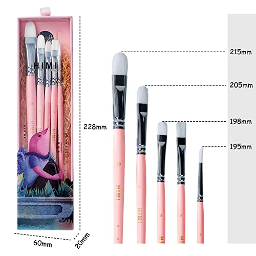 HIMI Little Bird Paint Brushes Set 5 Pcs for Acrylic Oil Gouache Paint，1 Wide Brush, 3 Fan Brush,1 Liner Brush, Interesting Designed Nice Gift for Art hobbyist Beginners Artists (Pink,5 Pcs) - color: Pink