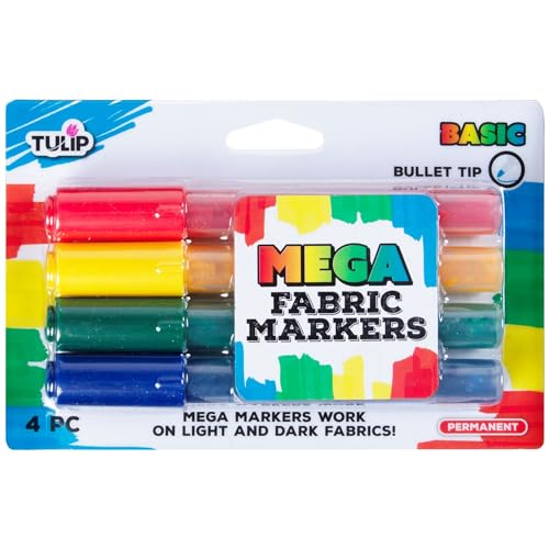TULIP Mega Fabric Markers 4 Pack, For Light and Dark Fabrics, Bullet Tip - color: Basic
