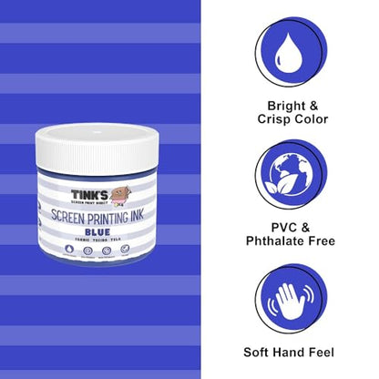 Tinks Screen Printing Ink - Blue - 8oz Water-Based Fabric Ink - Screen Printing, Stenciling, Tote Bags & Fabric Stamping - Non-Toxic, No Harsh Fumes, Soap & Water Cleanup - Made in California - color: Blue