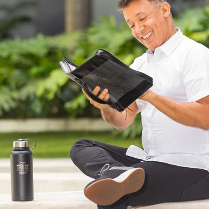 Christian Art Gifts Classic Faux Leather Bible Cover for Men and Women: Be Strong and Courageous - Joshua 1:9 Inspirational Bible Verse with Lion, Gray and Black, Large - size: Large