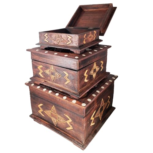Hand-Carved Wooden Keepsake Box Collection – Decorative Rustic Storage Box, Jewelry Box, Trinket Organizer, Handmade Artisan Wood Home Décor (Box Lg & Med & Sm (Set of 3)) - size: Box Lg & Med & Sm (Set of 3)