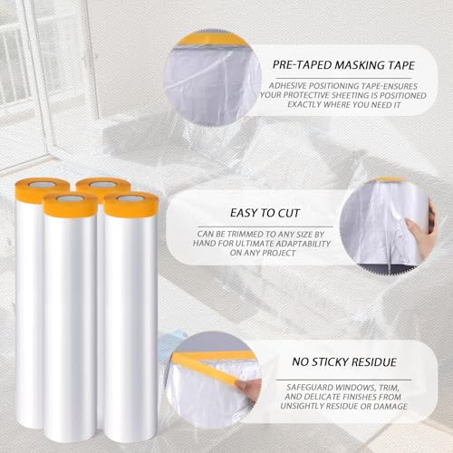 4 Rolls 8.9 x 65.6 Feet Pre-Taped Masking Film, Tape and Drape Drop Cloth, Plastic Sheeting Drop Cloth for Painting, Automotive Covering and Appliance Protection (8.9 x 65.6 Feet)