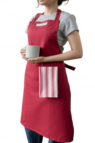 100% Cotton Kitchen Apron with 2 Pockets – Adjustable Chef Apron for Cooking Baking BBQ – Unisex Apron - color: Cherry, size: Standard