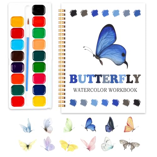 Butterfly Watercolor Workbook, Water Coloring Book, Easy 12 Patterns Watercolor Kit for Beginners, 18 Colors Watercolors Paint Set, Relaxing DIY Art Gift for Adults and Women Teen - color: butterfly