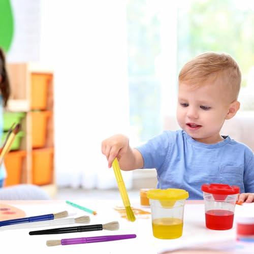 DIYASY No Spill Paint Cups with Lids, 10 Pcs Spill Proof Painting Containers and 10 Round Paint Brushes Kids Art Craft Class Home Supplies 10 Colors