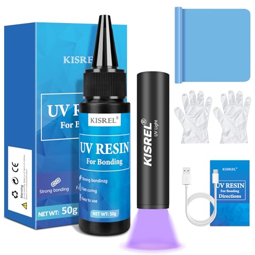 KISREL 50g UV Resin Kit with Light, Fast Curing & Bonding in Seconds, 50g UV Resin Kit with UV Flashlight for Welding，UV Glue for Bonding Jewelry, Plastic, Glass Repair (Transparent Objects)