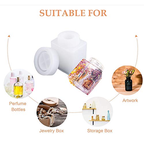 4 Style DIY Jewelry Resin Casting Molds Bottle Storage Jar with Lid Crystal Epoxy Mold Kit Handmade Craft Aromatherapy Candle Making Tool Clear Silicone Plaster Clay Mould (Square Bottle) - color: (Square Bottle)