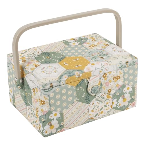 Hobby Gift Medium Sewing Box Organiser, Fabric Covered Storage Box with Handle, Internal Tray, Pin Cushion and Pocket for Sewing, Quilting and Knitting Supplies - color: Patchwork Bee