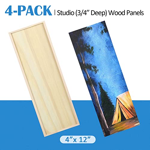 Falling in Art Unfinished Birch Wood Panels Kit for Painting, Wooden Canvas 4 Pack of 4x12 Studio 3/4" Deep, Cradle Boards for Pouring, Art, Crafts, Burning and More - size: 4'' x 12''