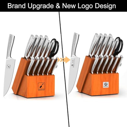 imarku 14-Piece Knife Set with Block, One Set for Meat, Fish, Veggies & Bread, Glides Through Every Cut, High Carbon Stainless Steel with Built-in Sharpener, Dishwasher Safe,Utility Knives - color: Light Brown, size: 14 Pcs