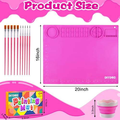 DIYDEC Silicone Painting Mat for Kids 20X16 Inch Large Art Mat with Detachable Cup &10 Painting Brushes Craft Sheets for Boy Girl Birthday Gift DIY Accessories (Rose Red) - color: Rose Red