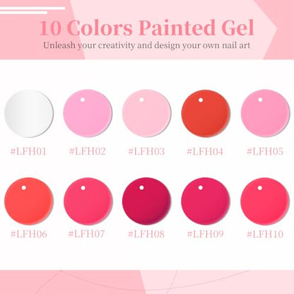 JODSONE Nail Art Gel Liner Set 10 Colors Pink Collection Gel Nail polish Need U V Lamp Cured at Home Salon Design Gifts for Women & Girls - color: LFH01-LFH10