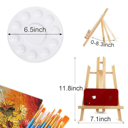 AROIC 96 PCS Painting Supplies Set with Easels, 8 PCS Wood Easels, 8 Packs of 80 Brushes with Nylon Brush Head and 8 PCS Palettes, Tabletop Wooden Art Easel for Kids & Adults Sip and Paint Party - style: 96Pcs(8 Sets)