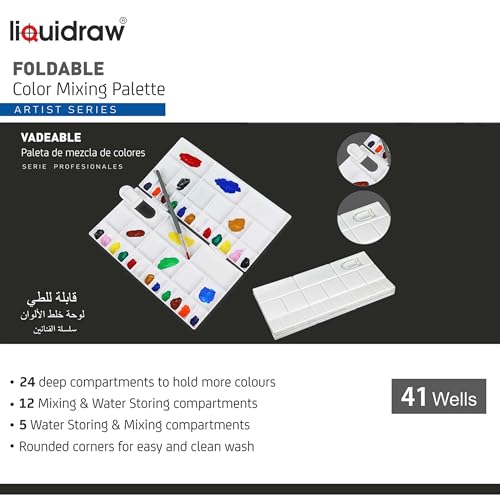 Liquidraw Plastic Paint Palette - 41 Well | Large Folding Mixing & Painting Palette | Thumb Hole for Holding | Suitable for Acrylic, Oil & Watercolor | for Professional Artists, Students & Kids