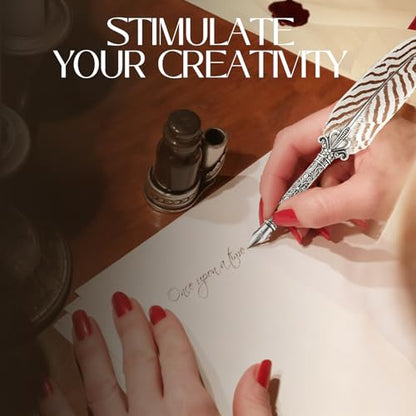 Joyeee Writing Quill and Ink Set, With Stainless Steel Replaceable Nibs, Sliver Metal Carving Pen Holder, Feather Pen Ink for Beginners and Calligraphy Enthusiasts, Retro Writing and Drawing Tool - color: Beige Quill Pen Set
