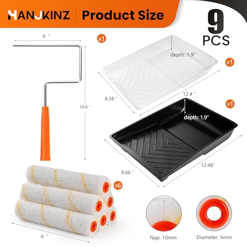 9 Pcs 6 Inch Small Paint Roller Kit with Microfiber Paint Roller Covers, Paint Tray with Liner, Mini Paint Roller for Painting Wall, Door, Cabinet - size: 9 Pcs 6 Inch Small Paint Roller Kit