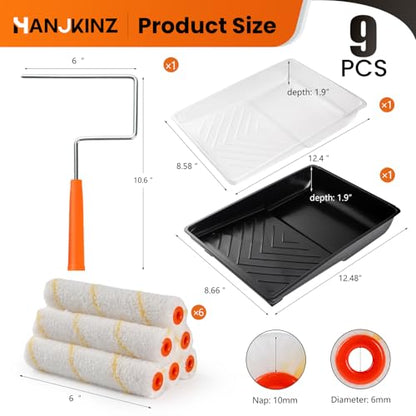 9 Pcs 6 Inch Small Paint Roller Kit with Microfiber Paint Roller Covers, Paint Tray with Liner, Mini Paint Roller for Painting Wall, Door, Cabinet - size: 9 Pcs 6 Inch Small Paint Roller Kit