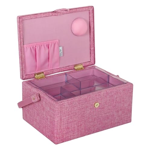 Hobby Gift Medium Sewing Box Organiser, Fabric Covered Storage Box with Handle, Internal Tray, Pin Cushion and Pocket for Sewing, Quilting and Knitting Supplies - color: Cherries